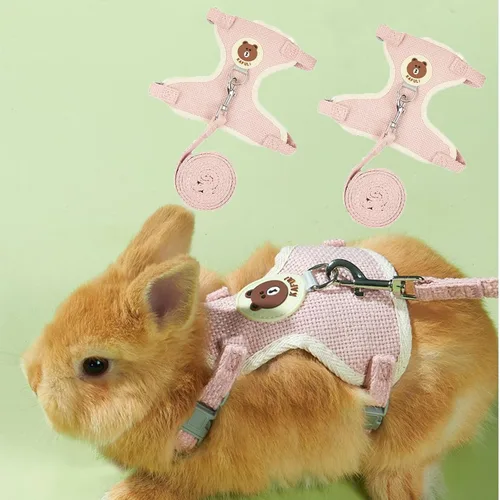 Juego de 2 arnés y correa de conejo, arnés ajustable de conejo, correa de hurón, arnés de conejillo de indias, correa para hurón para mascotas Rosa