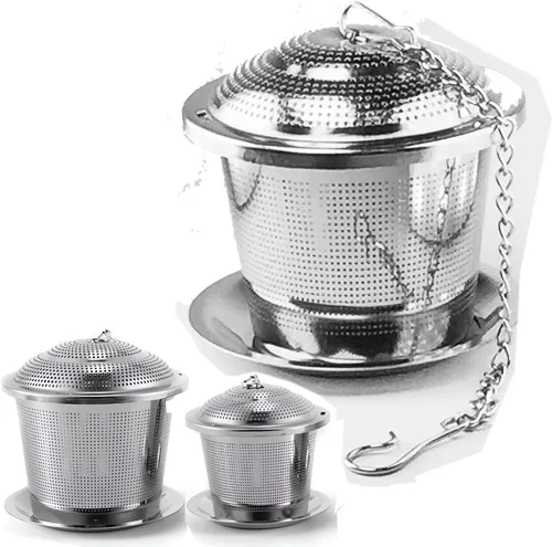 Infusor de té de hojas sueltas (juego de 2) con cuchara de té y bandeja de goteo, colador de acero inoxidable ultra fino y más empinado para una