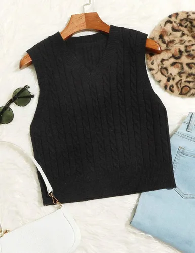 Miniatura 5 de Locachy Chaleco de punto trenzado sin mangas con cuello en V para mujer