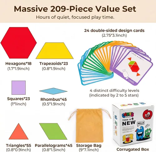 Miniatura 2 de LovesTown 209 piezas de bloques de madera con formas para niños, geométricos con tarjetas de actividades y bolsa de almacenamiento, rompecabezas