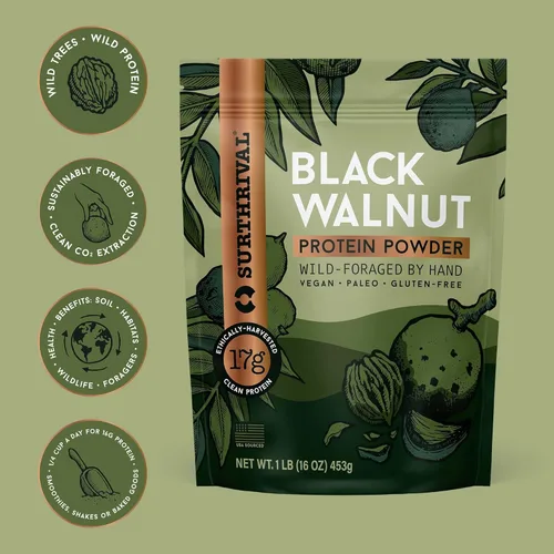 Miniatura 5 de Surthrival: Proteína en polvo de nogal negro, forrajada silvestre, cosechada éticamente, 0.76 onzas de proteína, de origen estadounidense, vegano