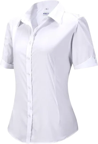 Miniatura 8 de MGWDT Camisa de trabajo con botones para mujer, ajustada, resistente a las arrugas, manga larga/corta, elástica, ligera
