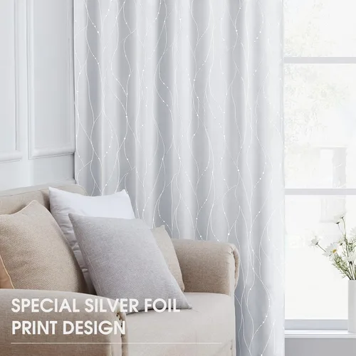 Miniatura 3 de HOMEIDEAS Cortinas opacas de color gris claro de 52 x 96 pulgadas de largo, 2 paneles de línea ondulada plateada con puntos impresos, pestaña