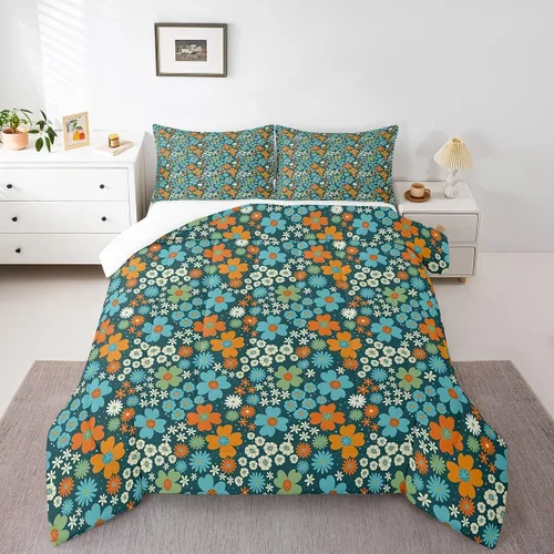 Juego de ropa de cama floral retro, tamaño individual, vintage de los años 70 y 60, juego de edredón para niños, adultos y adolescentes, juego de