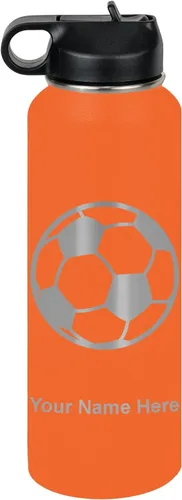Miniatura 41 de LaserGram Botella de agua personalizada, pelota de fútbol, acero inoxidable de doble pared aislada al vacío con popote superior, regalo grabado