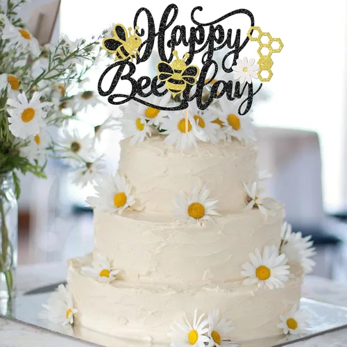 Miniatura 5 de ZHUOWEISM 1 decoración para pastel con diseño de abeja y flores con purpurina de panal de abejorros para pastel de cumpleaños, para temática
