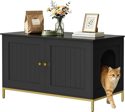 Miniatura 13 de Homhedy Gabinete para Caja de Arena para Gatos, Muebles de Baño para Gatos con Marco de Metal, Casa para Mascotas, Se Adapta a la Mayoría de Cajas
