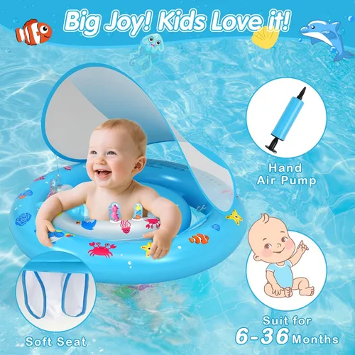 Miniatura 5 de Flotador de piscina para bebé con toldo de protección solar UPF50+, flotador inflable de natación con consola de juegos de animales y bomba de aire