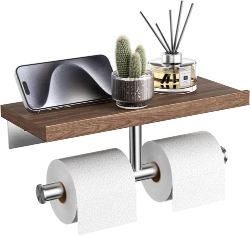 Miniatura 7 de Tindbea Portarrollos de papel higiénico con estante de madera, soporte de rollo de papel higiénico de madera para montaje en pared, accesorios