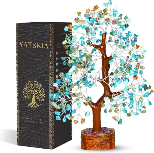 YATSKIA - Árbol de cristal turquesa Feng Shui, alambre, bonsái Buhha, estatua reiki, Chakra curativo energía positiva, buena suerte dinero regalos