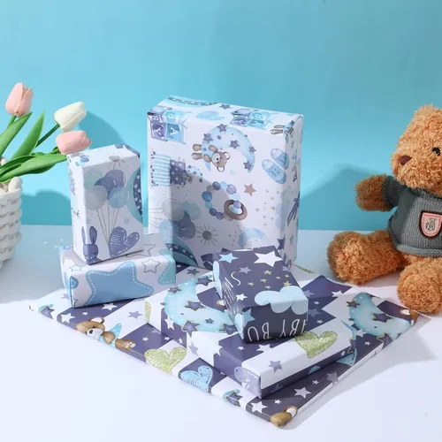Miniatura 7 de Dtiafu Papel de regalo para baby shower para bebé niño – 12 hojas de papel de regalo azul bebé con patrón de oso estrella, pastel, luna y dulces
