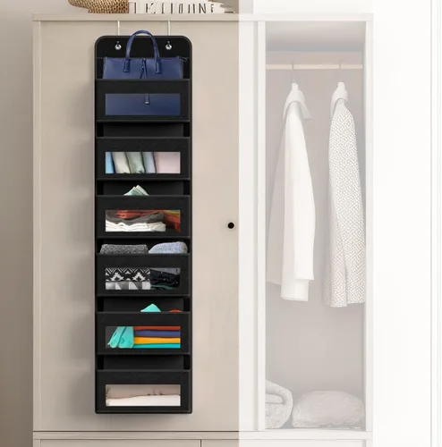 Miniatura 4 de Simple Houseware - Organizador con 6 bolsillos con ventana transparente para colgar sobre la puerta del armario, para recámara, baño, despensa, Negro