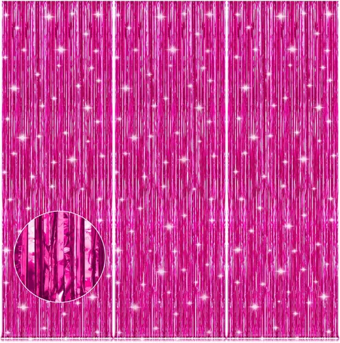 Miniatura 9 de Accevo Paquete de 3 cortinas de flecos de papel de aluminio con purpurina de 3.2 x 8.2 pies, decoración de fiesta rosa, serpentinas de oropel Rosado