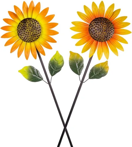 Miniatura 5 de Viveta Paquete de 2 molinillos de viento de girasol de metal para exteriores, escultura de viento decorativa cinética con estaca resistente