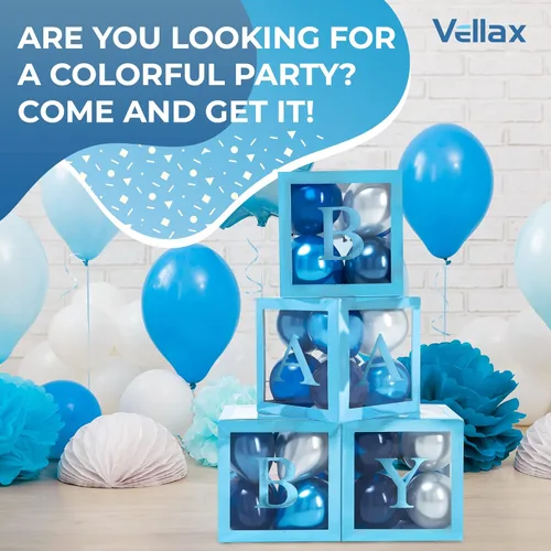 Miniatura 9 de Cajas de baby shower con letras - Cajas azules metálicas con globos metálicos azules y plateados - Juego de 44 piezas para revelación de género
