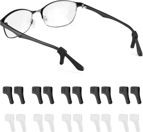 lvvfit Ganchos antideslizantes para las orejas, retenedores de lentes de silicona para lentes de sol (negro+transparente, 10 pares)