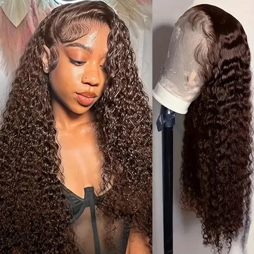 Miniatura 65 de Peluca de cabello humano con encaje frontal 99j borgoña ondulada profunda, 13x4, peluca frontal prearrancada, densidad del 180%, peluca rizada