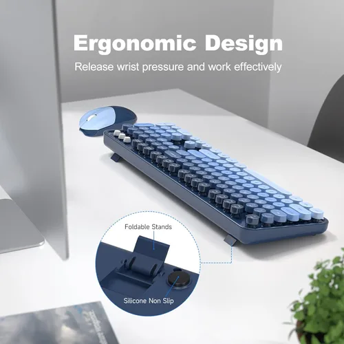 Miniatura 18 de KNOWSQT Combo de teclado y ratón inalámbrico, teclados lindos de tamaño completo estilo máquina de escribir 2.4G azul colorido - receptor USB Plug