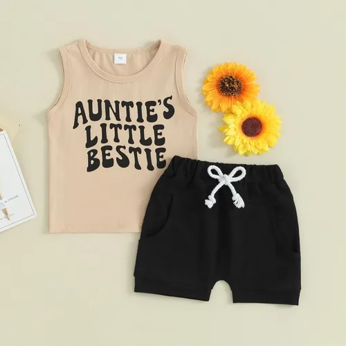 Miniatura 57 de Ropa de bebé niño sin mangas + pantalones cortos con estampado a rayas con bolsillos, 2 piezas de trajes de verano