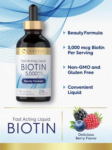 Miniatura 4 de Carlyle Biotin - Gotas líquidas de 5000mcg 4 onzas líquidas para mujeres y hombres Sabor a bayas Fórmula de belleza Suplemento