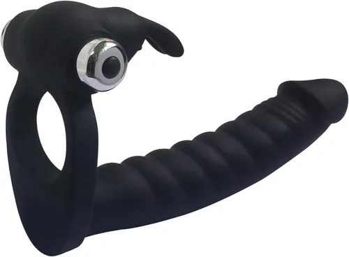 Miniatura 2 de Doble penetración vibratoria doble consolador con anillo de polla penetrador para hombres, parejas, enchufe anal, enchufe sexual de silicona, Negro