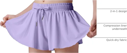 Miniatura 127 de Paquete de 3 pantalones cortos fluidos para niñas con forro de elastano, 2 en 1, faldas de mariposa para jóvenes, para fitness, correr, deportes