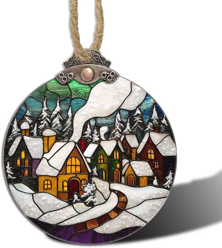 Miniatura 11 de Decoraciones navideñas de vitrales, colgante de campana pequeña para ventana, árbol de Navidad, adornos colgantes retro verde atrapasoles de Verde