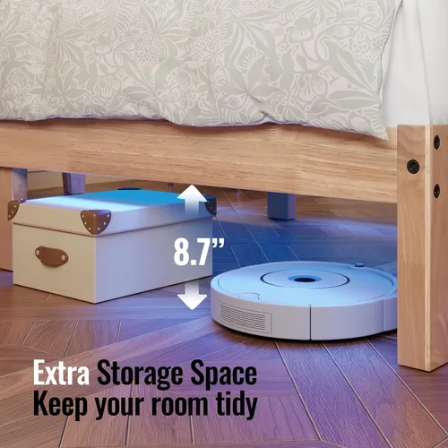 Miniatura 7 de Cama de plataforma de madera maciza de tamaño individual con luz LED, diseño sin ruido con soporte de listones de metal y madera, no necesita