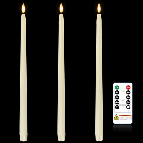 Miniatura 11 de Homemory Velas cónicas sin llama de cera real de 15 pulgadas con temporizador remoto, 2 velas LED blancas que funcionan con pilas con llama