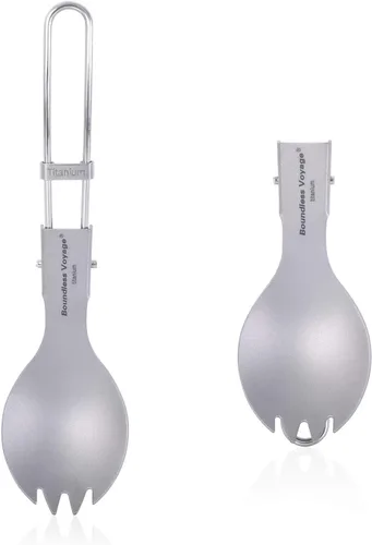 Miniatura 14 de iBasingo Cuchillo de tenedor de titanio con mango plegable, utensilios de vajilla ultraligeros para camping, picnic al aire libre, senderismo