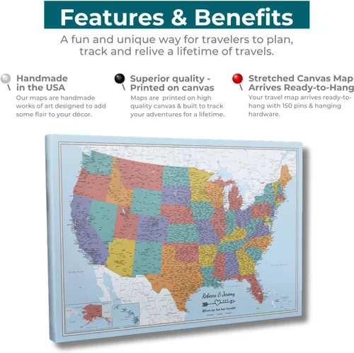Miniatura 32 de Push Pin Travel Maps Lienzo personalizado Blue Oceans USA con marco gris de madera de granero
