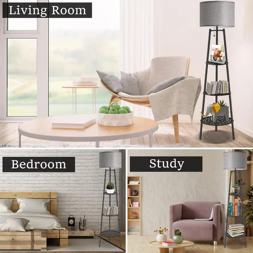 Miniatura 5 de Lámpara de Pie con Estanterías, Lámpara de Pie Moderna con Bombillas LED de 3 Temperaturas de Color, Lámparas de Pie de Rincón para Sala de Estar
