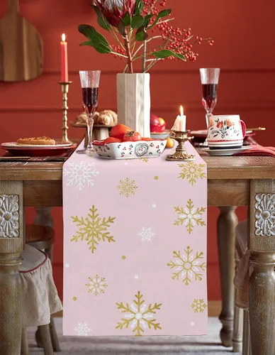 Miniatura 2 de Camino de mesa de copo de nieve rosa rubor, lino de algodón, bufandas de tocador de vacaciones de 36 pulgadas, diseño romántico de feliz Navidad