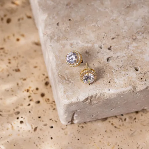 Miniatura 5 de PAVOI 14K Gold Plated Sterling Silver Post Brilliant Round Faux Diamond Halo Earrings - Premium Cubic Zirconia in Rose Gold, White Gold and Yellow