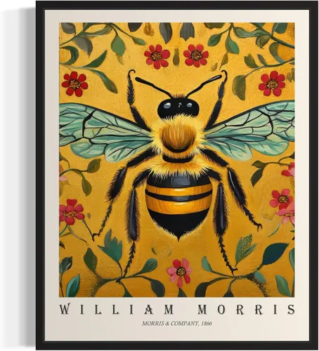 Póster impreso de abeja, estilo William Morris, retro, floral, de mediados de siglo, botánico, victoriano, Academia oscura, decoración de flores,