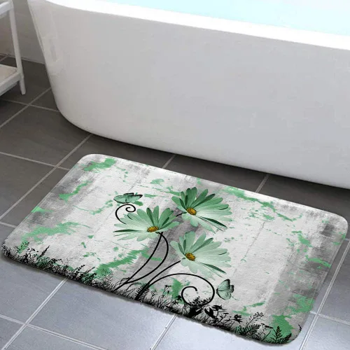 Miniatura 12 de Alfombra de baño rústica de granja, diseño de margaritas y mariposas en madera de campo, tapete de baño de madera color gris, blanco, azul marino