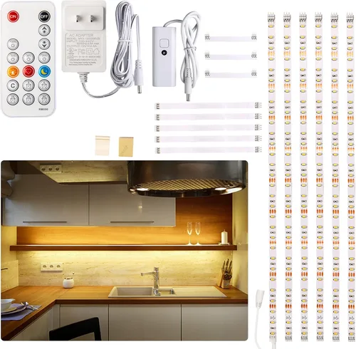 WOBANE Kit de iluminación LED para debajo del gabinete, 6 tiras de luces LED regulables con regulador de intensidad de control remoto, adaptador de