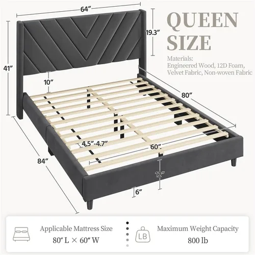 Miniatura 2 de Yaheetech Base de cama tamaño Queen con plataforma tapizada con cabecera con lados en forma de ala/soporte de listones de madera/cabecera tapizada