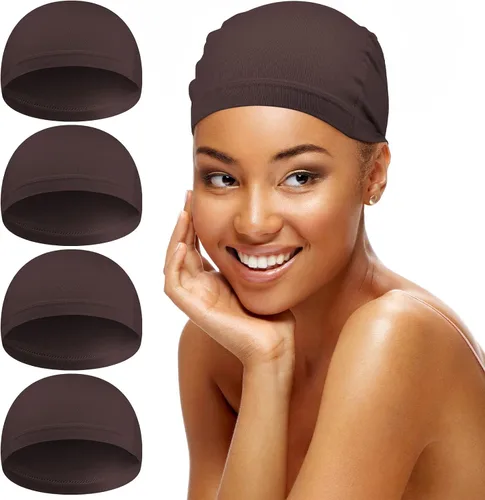 Janmercy 4 Pcs Bamboo Wig Caps for Women Fiber Wig Liner Bald Caps Elastic Breathable Sleep Cap for Hair Loss Chemotherapy Marrón oscuro