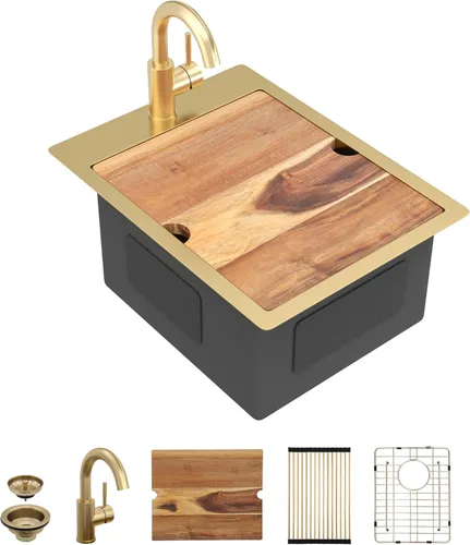 Miniatura 21 de 13"x15" Fregadero de barra de montaje en encimera para preparación – Negro metalizado NANO-PVD, acero inoxidable 304 calibre 16, tazón individual