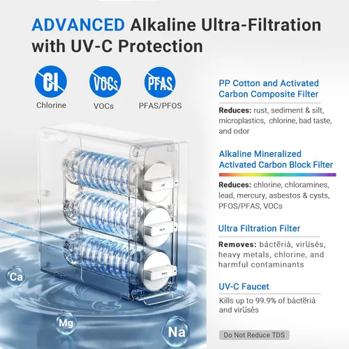 Miniatura 3 de LCF 0.01μm Ultra-filtración debajo del fregadero Sistema de filtro de agua, purificador de agua mineral alcalino de 3 etapas, grifo LED UV-C