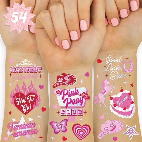 xo, Fetti Pink Pony Club - Tatuajes temporales – 54 piezas de papel de aluminio iridiscente | Fiesta de despedida de soltera de vaquera, recuerdos