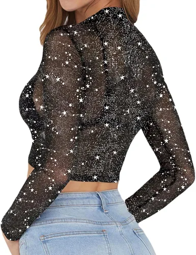 Miniatura 3 de MANGOPOP - Blusa corta de malla transparente para mujer, diseño de manga corta o larga