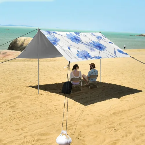 Miniatura 7 de Dreamy Light Blue Cornflowers Stable Beach Tent UPF50 Waterproof Large Sun Shelter with Sand Pockets for Camping, Fishing, Backyard Fun