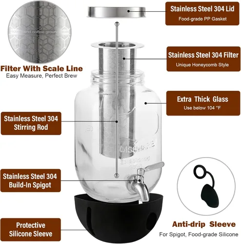 Miniatura 9 de Cafetera de café frío, cafetera de café helado de 1 galón con filtro de acero inoxidable, jarra de vidrio resistente para café frío con espita