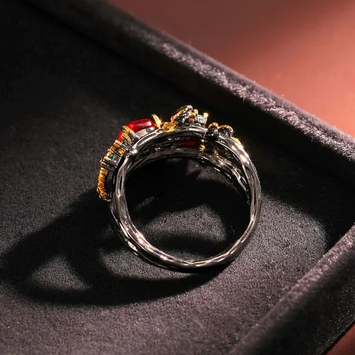 Miniatura 8 de Gothic Ruby Black Rings Women - Colorful Rhinestone Golden Leaf Copper Rings