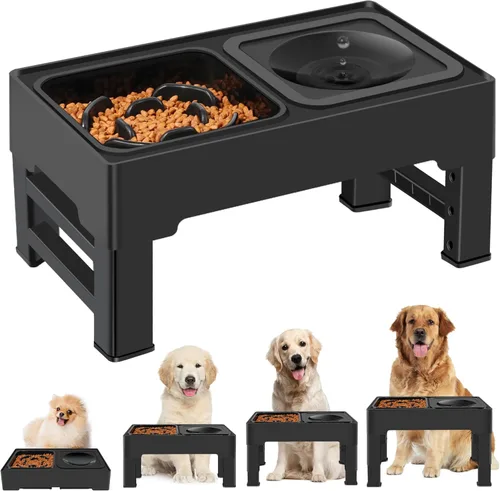 2 en 1 tazones elevados con alimentación lenta para perros, 4 tazones elevados ajustables en altura con soporte para perros con cuenco de agua a