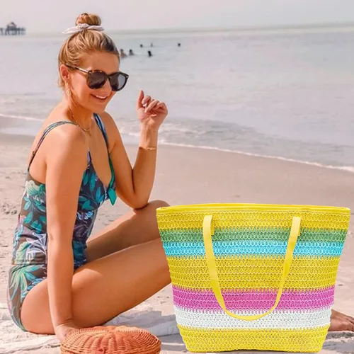 Miniatura 13 de Bolso grande de paja para mujer, tejido de ratán, bolso de playa de verano, a rayas