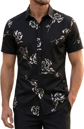 ZEROYAA - Camisas de vestir de manga corta con estampado de rosa dorada para hombre, estilo hipster, calce ajustado, con botones