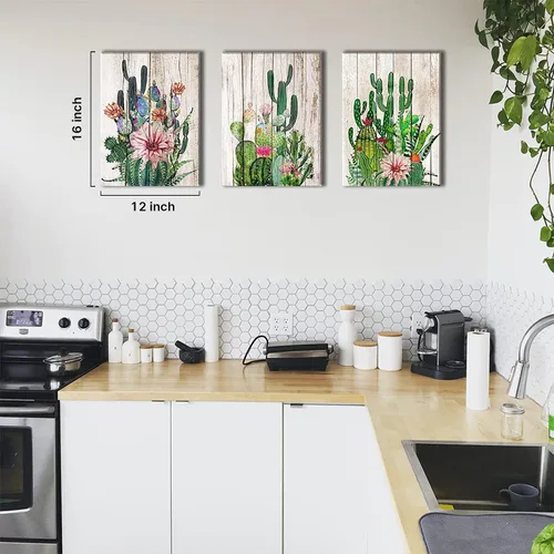 Miniatura 3 de Arte sobre lienzo de cactus, decoración bohemia para la pared del baño, temática sureste mexicano, cuadros con plantas verdes para la sala de estar